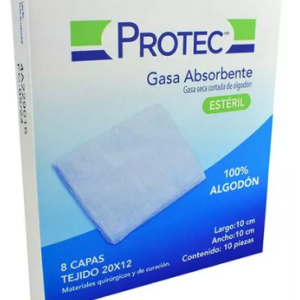 Gasas. Seca cortada de algodón con marca radiopaca. Estéril. Medidas: 10 x 10 cm. Envase con 10 piezas.